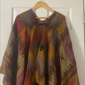 Vintage Colorful Western Patterned Poncho with Fringe